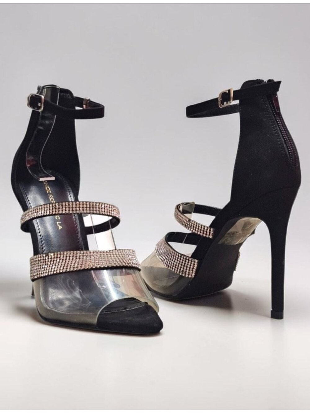 Rhinestone Clear Strap High Heels With Ankle Buckle & Back Zipper - Elegant Blac